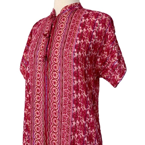 Vintage Metallic Sheer Chiffon Pink Floral Boho Button Up Maxi Kaftan Dress OS - Picture 6 of 12